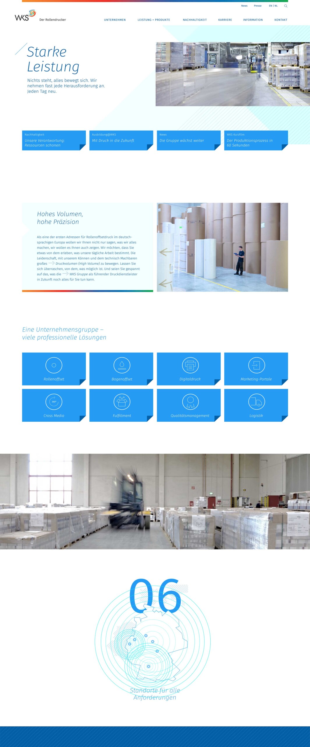 Digitalauftritt Rollenoffset-Druckerei – WKS Gruppe – Corporate Website – Interface Design – Startseite – Screen