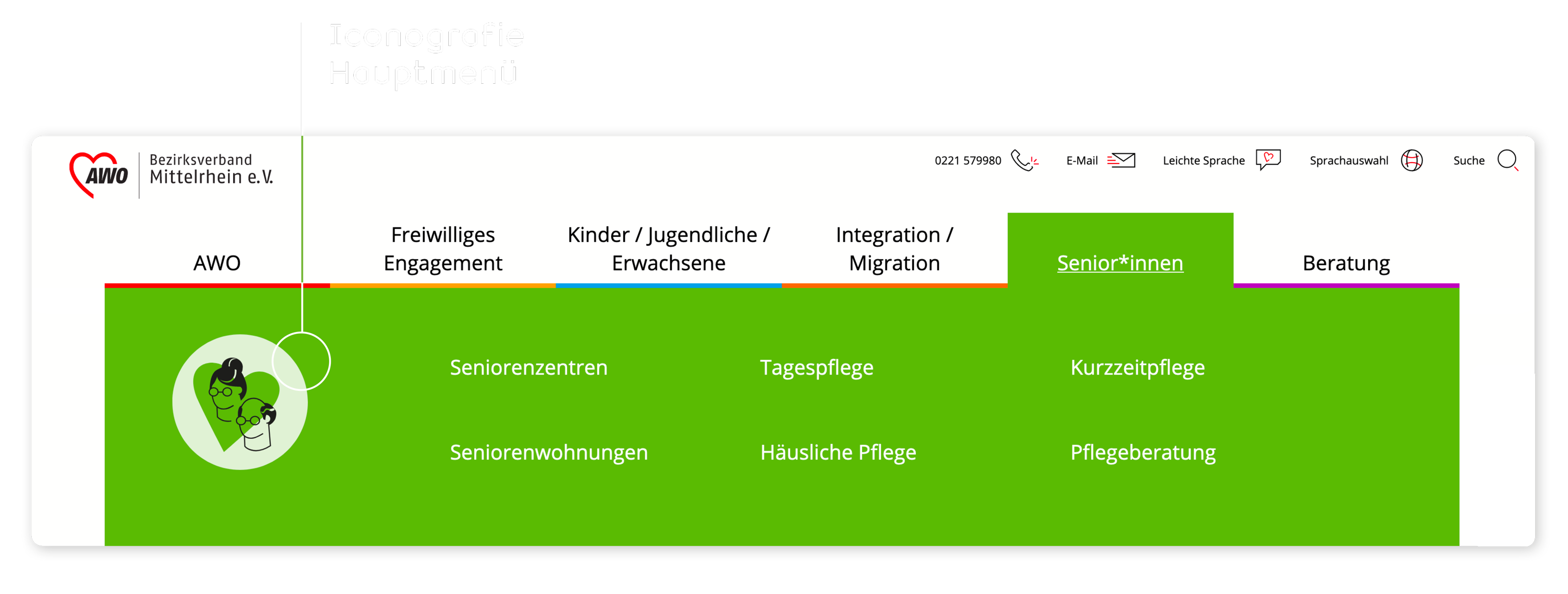 Interface Design hohe Nutzerfreundlichkeit – AWO Bezirksverband Mittelrhein – Corporate Website – Interface Design – Menü – Ikonografie