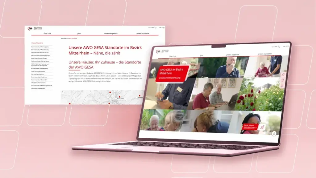 Markenanalyse für AWO GESA mit Website-Ansichten und Laptop-Mockup zur Darstellung einer strukturierten digitalen Marken- und Standortkommunikation.