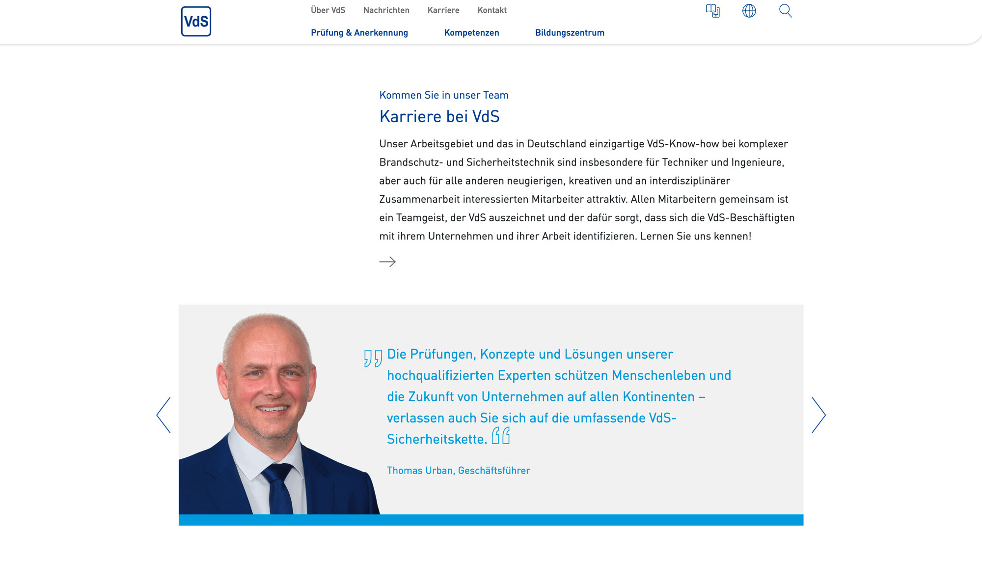 Neuer Webauftritt – VdS Schadenverhütung – Corporate Website – Interface Design – Slider – Zitate – Box