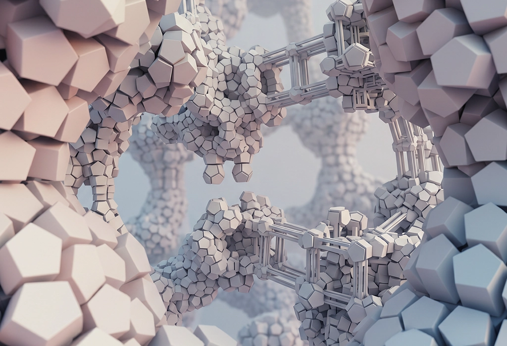 Abstrahierte 3D-Visualisierung als Symbolbild für Markensystem — mehrere modulare Cluster verbunden durch strukturierte Brücken symbolisieren wie einzelne Markenbausteine zu einem zusammenhängenden System verknüpft werden.