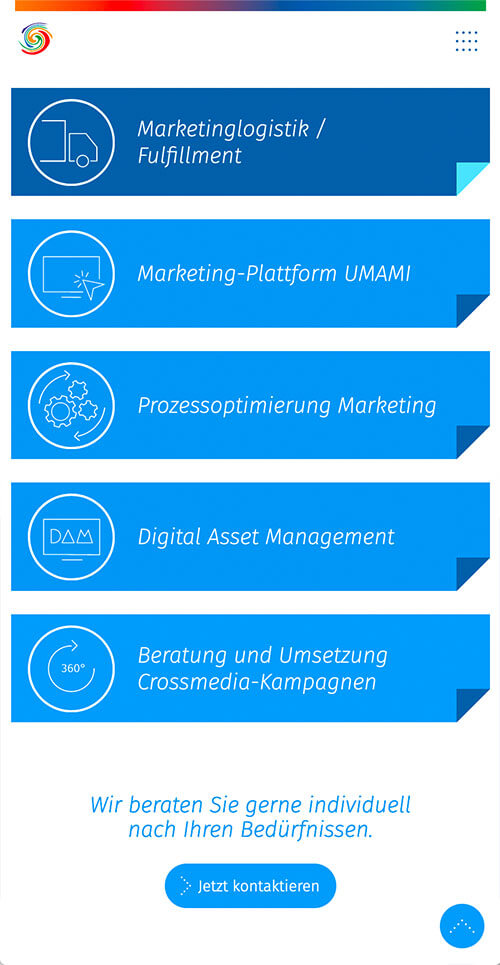 Digitalportal führenden Druckereigruppen – WKS Gruppe – Corporate Website – Interface Design – Exemplarische Unterseite – Screen – Mobile – Ikonografie – Schnelleinstieg