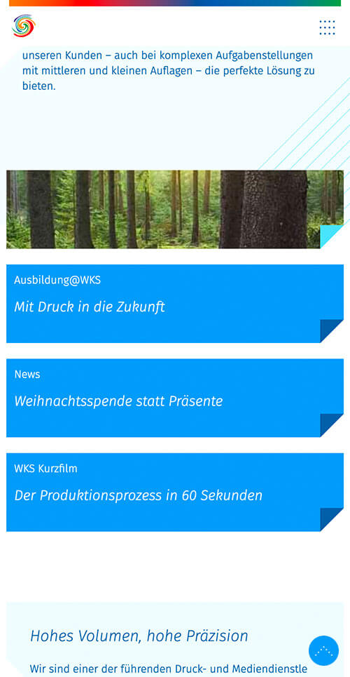Digitalportal führenden Druckereigruppen – WKS Gruppe – Corporate Website – Interface Design – Exemplarische Unterseite – Screen – Mobile – Ikonografie – Buttons – navigationselemente