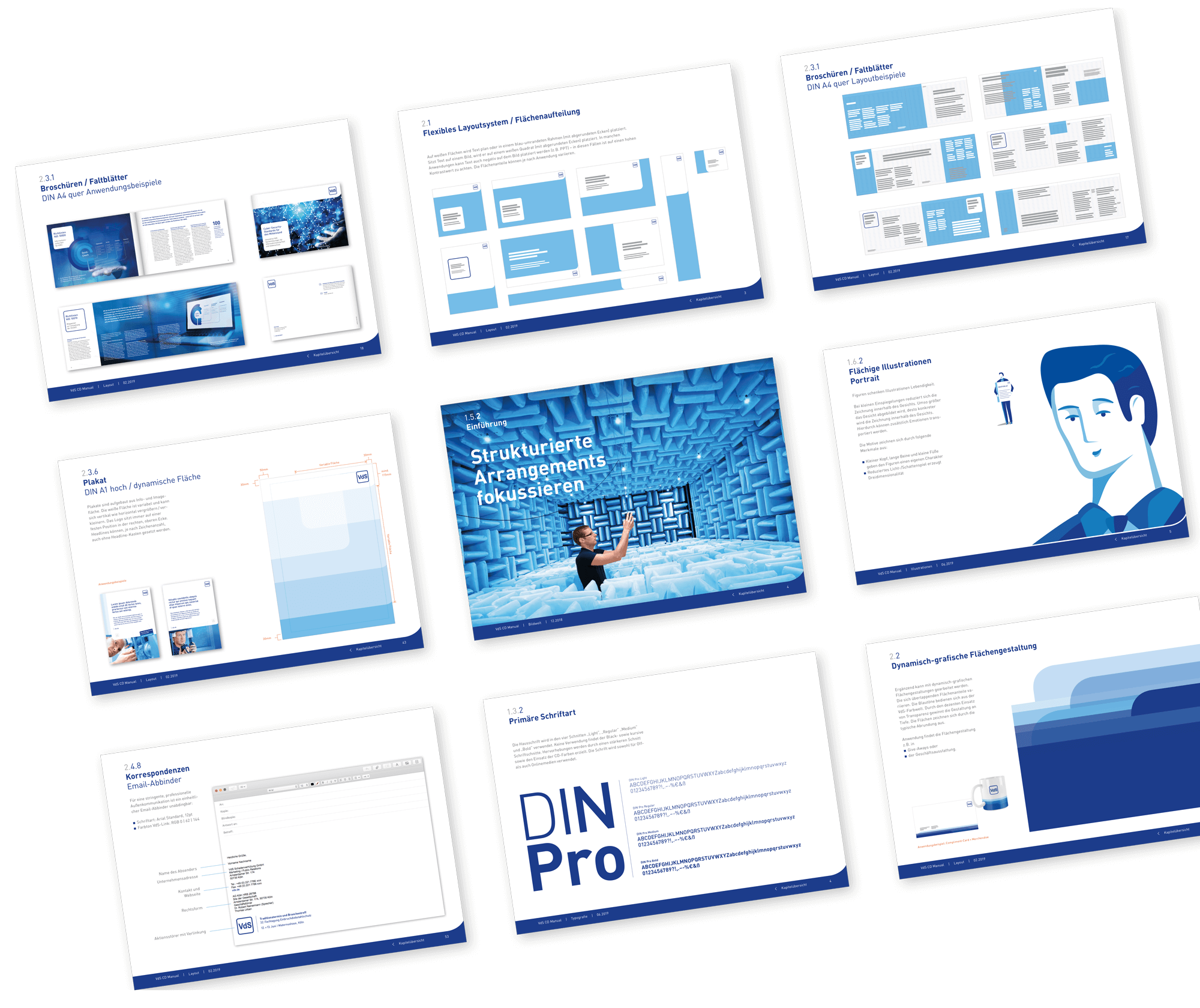 Umfangreiches Corporate Design – VdS Schadenverhütung – CD – Manual – Layout – Übersicht – Exemplarische Seiten – Hausschrift – Mastertemplates – Illustration – Sekundäres Gestaltungselement