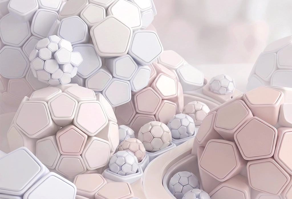 Abstract 3D visualization symbolizing brand concepts — densely packed, self-contained cluster formations of pentagonal modules in muted pastel tones, interlocking across multiple scales of size.