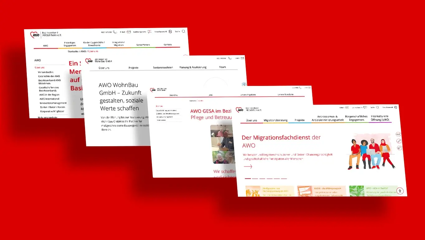 Interfacedesign AWO Mittelrhein — mehrere Einrichtungen mit eigenständigem Auftritt auf gemeinsamer visueller Grundlage, entwickelt von CRENEO als konsistentes digitales Designsystem.