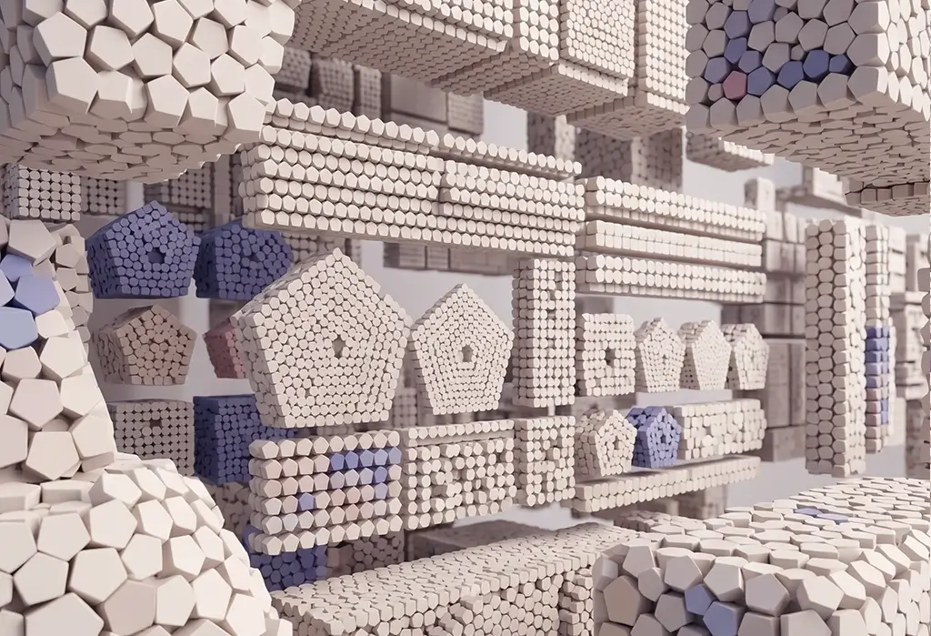 Abstract 3D visualization symbolizing app design — shelf-like arranged bundles of rod-shaped modules forming pentagonal tiles with recessed symbol surfaces, resembling a grid of app icons on a home screen, in muted beige and dusty blue tones.
