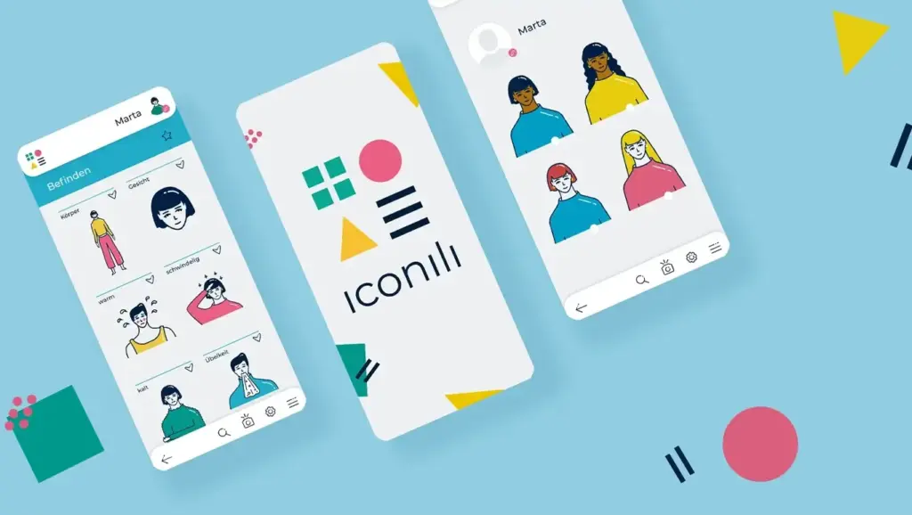 Modern app design with a clean, illustrative user interface. Three smartphone displays show the Iconili app with colorful icons and hand-drawn illustrations on a blue background. 