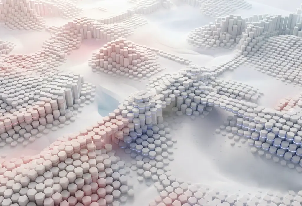 Abstrahierte 3D-Visualisierung von Corporate Design als modulares System — hexagonale Bausteine in unterschiedlichen Höhen und Clustern symbolisieren Struktur, Ordnung und die Systemlogik eines visuellen Erscheinungsbilds.
