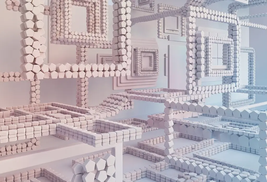 Abstrakte 3D-Visualisierung aus fünfeckigen Modulen, die zu verschachtelten rechteckigen Rahmen und Layout-Strukturen verbunden sind – Sinnbild für Interfacedesign als System bei CRENEO