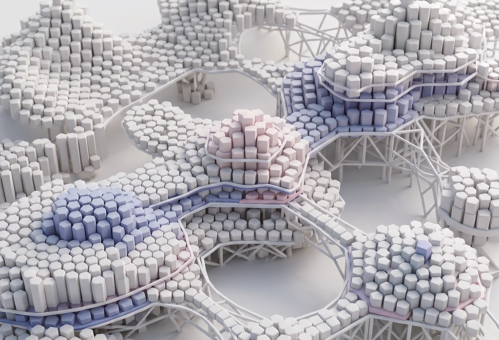 Abstrahierte 3D-Visualisierung von Markenarchitektur — miteinander verbundene Cluster aus hexagonalen Bausteinen auf gemeinsamer Plattform symbolisieren Dachmarke, Submarken und deren strukturelle Beziehung zueinander.