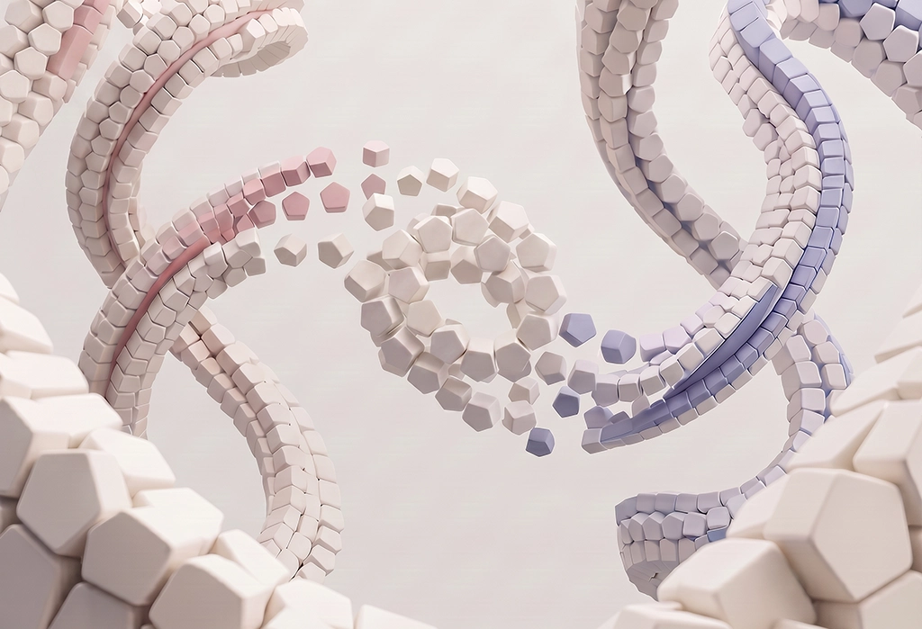 Abstrakte 3D-Visualisierung als Symbolbild für Markenberatung — zwei sich einander zuwendende Bänder aus fünfeckigen Modulen in Rosé und Taubenblau, die sich in der Bildmitte zu einer lose verwirbelten Ansammlung einzelner Module auflösen und wieder neu ordnen, als Sinnbild für die Einordnung unterschiedlicher Perspektiven zu einer klaren Einschätzung.