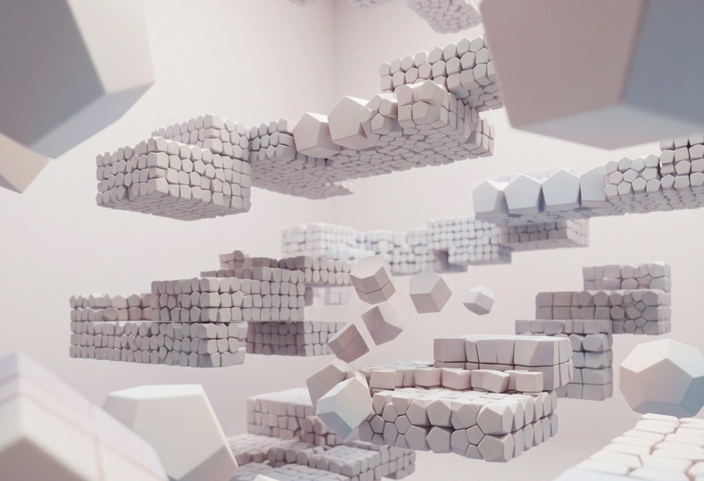Abstrakte 3D-Visualisierung als Symbolbild für Markenentwicklung — schwebende, modulare Blöcke aus einzelnen Bausteinen, die sich zu größeren, geordneten Strukturen zusammenfügen, während einzelne Module noch frei im Raum schweben.
