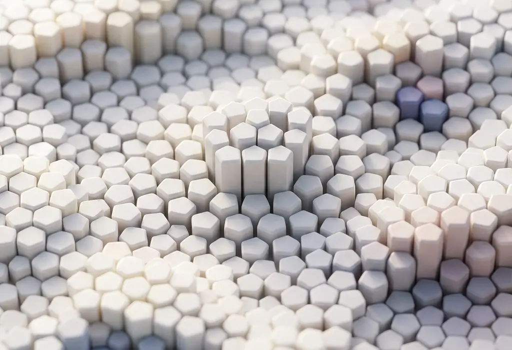 bstrahierte 3D-Visualisierung als Symbolbild für Markenpositionierung — ein herausragender Baustein inmitten einer gleichförmigen Struktur symbolisiert klare Differenzierung und den einzigartigen Platz einer Marke im Markt.