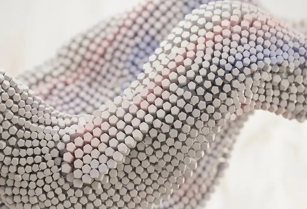 Abstracted 3D visualization symbolizing brand voice — a flowing structure of uniform building blocks in soft transitions, symbolizing consistent verbal identity as part of a brand system.