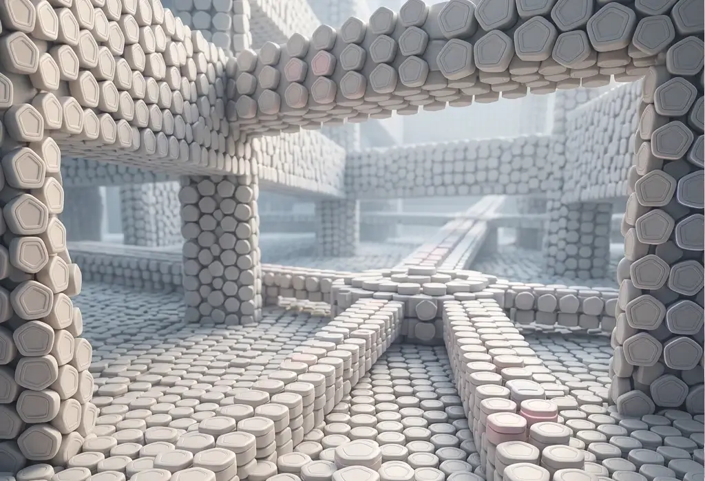 Visualisierung einer Markenstrategie als räumliches System aus geordneten Pfaden, Entscheidungskorridoren und modularen Strukturen — aufgebaut aus tausenden einzelner gerundeter Fünfeck-Module in Porzellanweiß und hellem Grau, die Orientierung, Skalierbarkeit und strukturierte Markenführung als architektonisches Betriebssystem darstellen.