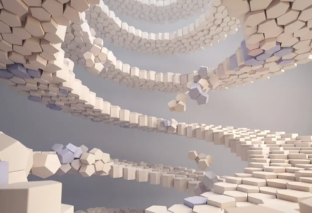 Abstrakte 3D-Visualisierung als Symbolbild für den Markenworkshop bei CRENEO — geschwungene, sich auffächernde Bänder aus hexagonalen Modulen in warmen Beige- und hellen Blautönen symbolisieren, wie einzelne Werkstatt-Ergebnisse sich zu einem geordneten System aus Markenwerten und Entscheidungen zusammenfügen.