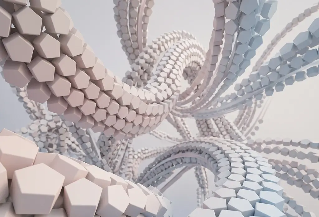 Abstrahierte 3D-Visualisierung als Symbolbild für Motion Design — fließende, sich verflechtende Stränge aus modularen Bausteinen symbolisieren Bewegung als konsistentes Prinzip innerhalb eines Markensystems.