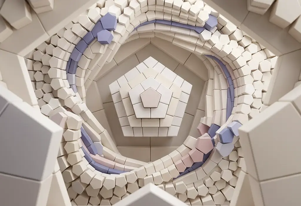 Abstrakte 3D-Visualisierung als Symbolbild für Produktfilme — konzentrisch angeordnete fünfeckige Module bilden einen Tunnelblick auf ein zentrales, hervorgehobenes Modul, umschlossen von einem spiralförmigen Band in Rosé und Taubenblau als Sinnbild für eine klare Kernbotschaft im Zentrum der Erzählung.
