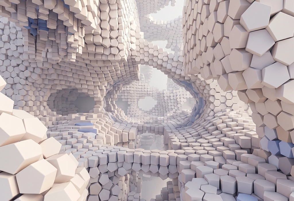 Abstrakte 3D-Visualisierung als Symbolbild für Unternehmensfilme — organisch geformte Wandstrukturen aus fünfeckigen und sechseckigen Modulen, die einen Durchblick auf eine dahinterliegende, gespiegelte Struktur freigeben, als Sinnbild für den Blick hinter die Fassade einer Organisation.