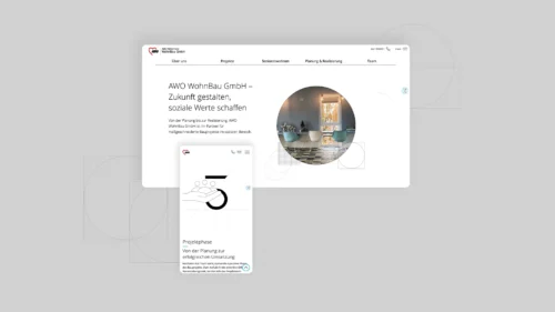 Darstellung der AWO Wohnbau Corporate Website auf Desktop und Mobilgerät mit Fokus auf klares Design und benutzerfreundliche Struktur. Die Vorschau zeigt, wie Inhalte rund um soziale Bauprojekte visuell ansprechend vermittelt werden.