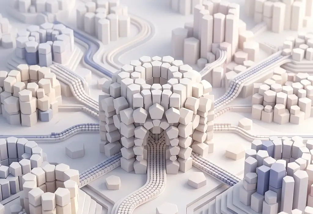 Abstrahierte 3D-Visualisierung als Symbolbild für Markenportal — ein zentraler Knotenpunkt aus modularen Bausteinen mit Verbindungswegen zu umliegenden Clustern symbolisiert eine zentrale Plattform die alle Einheiten einer Organisation mit der Marke verbindet.