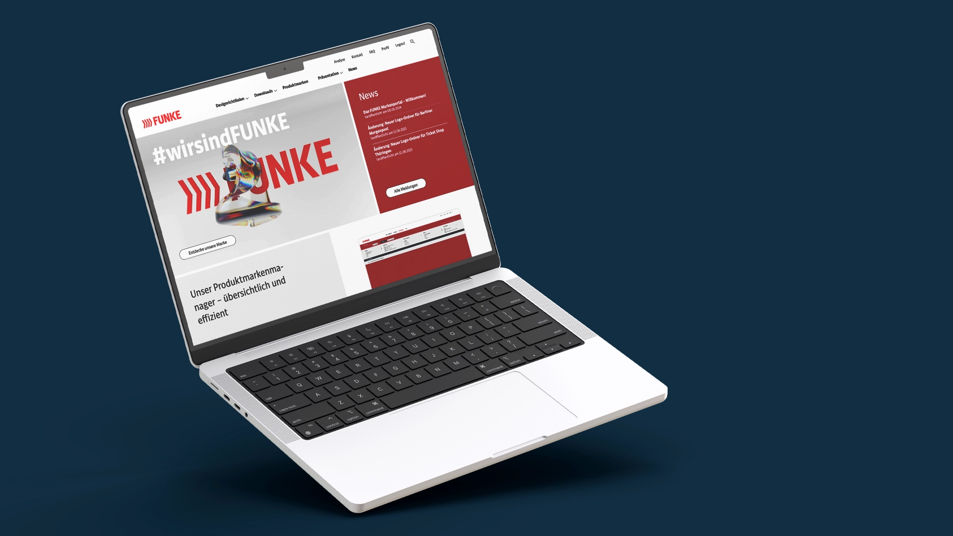 Laptop mit digitaler Markenportal Lösung der Agentur CRENEO zur zentralen Verwaltung von Markeninhalten für FUNKE