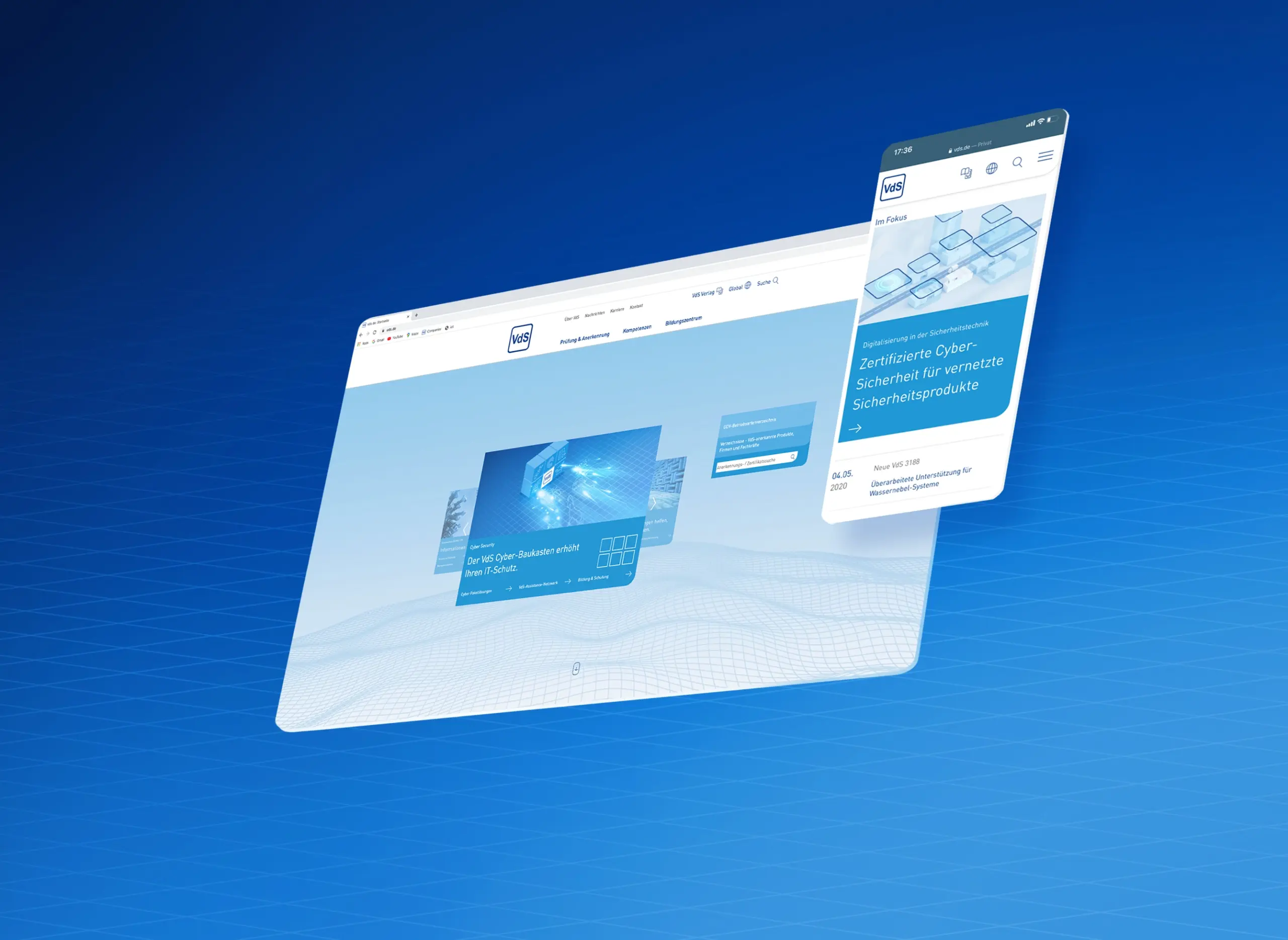 VdS Corporate Website mit Desktop- und Mobile-Ansicht als Beispiel für eine mehrsprachige Plattform mit skalierbarer Systemstruktur durch CRENEO.