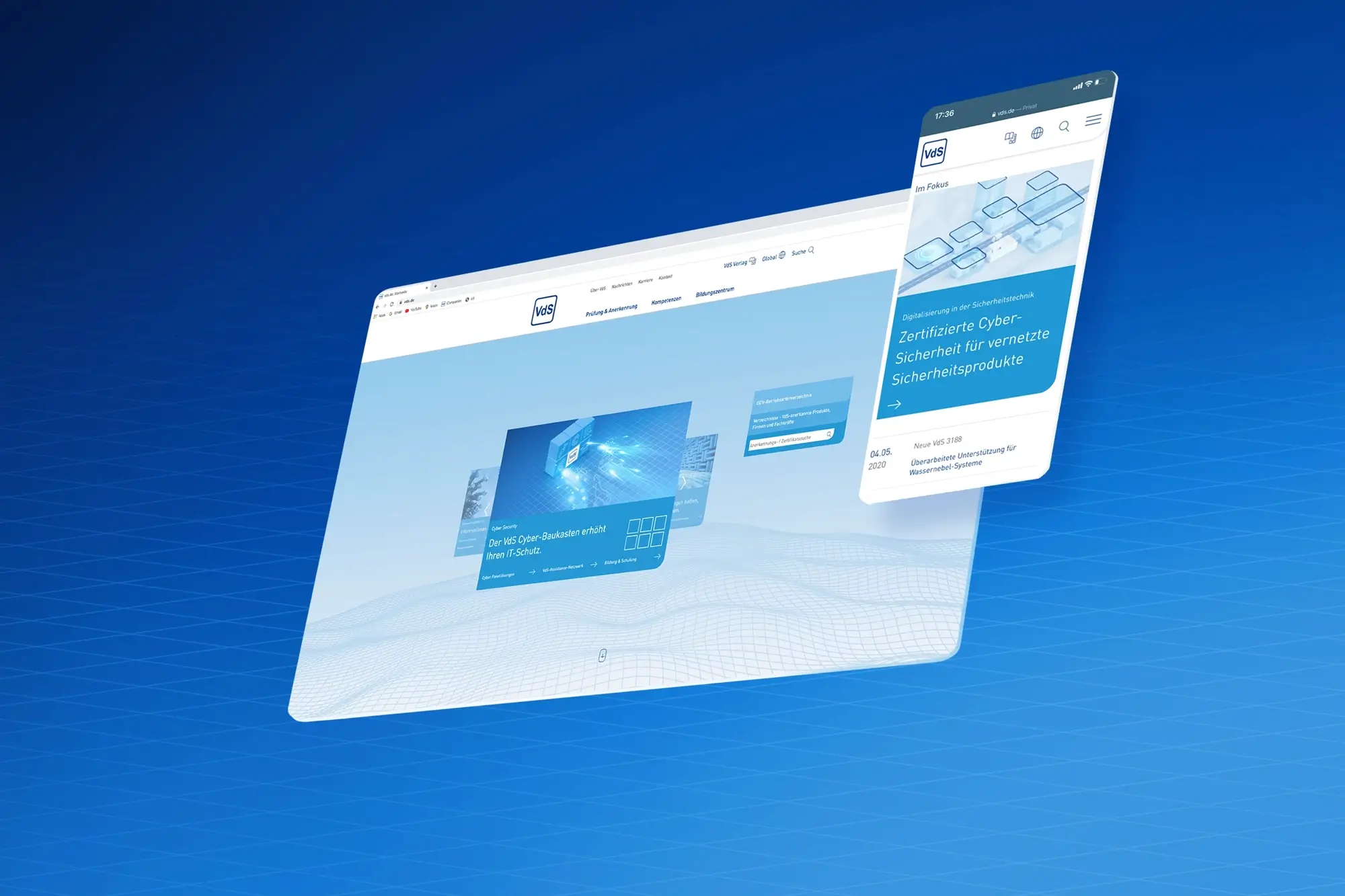 Markenagentur Düsseldorf CRENEO — Corporate Design und Website für VdS Schadenverhütung als Brand Agentur Projekt: Desktop und Mobile Ansicht des neuen digitalen Auftritts