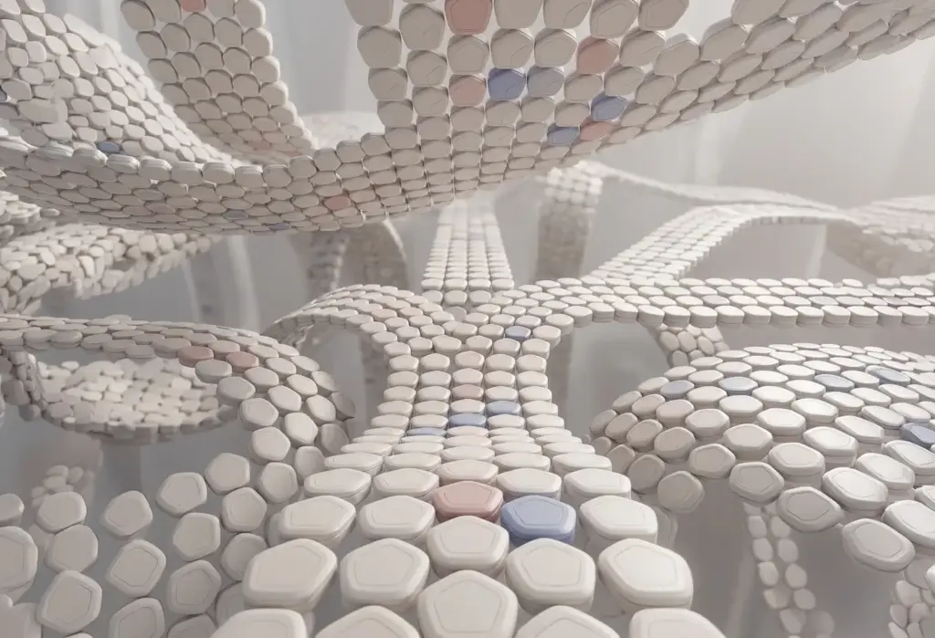 Abstrakte 3D-Visualisierung von Markengovernance als modulares System aus geordneten fünfeckigen Bausteinen, die Markenführung, Struktur, Kontrolle und konsistente Anwendung symbolisieren.