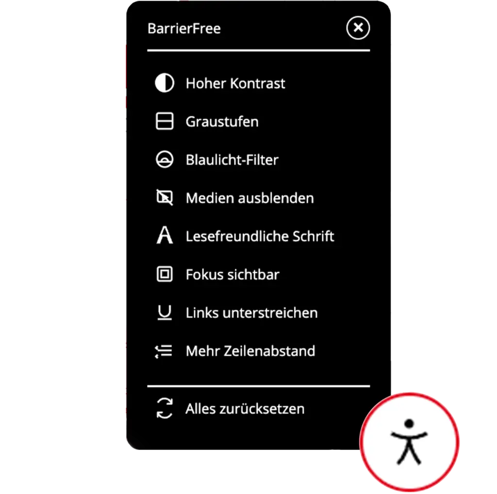 selbstentwickeltes Barrierefreiheitstool "BarrierFree" mit verschiedenen Funktionen zu Kontrast- und Schriftanpassungen