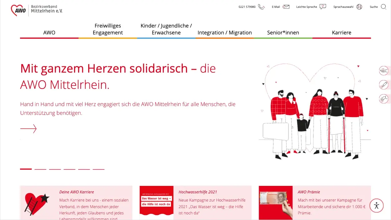 AWO Mittelrhein – Startseite mit roter Headline "Mit ganzem Herzen solidarisch – die AWO Mittelrhein." Rechts eine Illustration einer Gruppe Menschen in Rot und Schwarz. Darunter drei Teaserkacheln zu Karriere, Hochwasserhilfe 2021 und AWO Prämie.