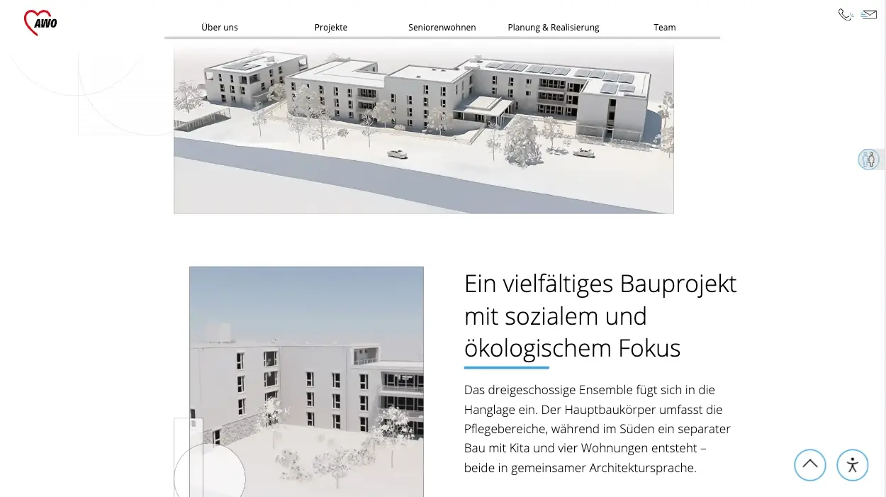 AWO WohnBau Webplattform: Projektseite mit 3D-Visualisierung eines dreigeschossigen Gebäudeensembles in Hanglage sowie Foto des Außenbereichs. Headline: „Ein vielfältiges Bauprojekt mit sozialem und ökologischem Fokus."