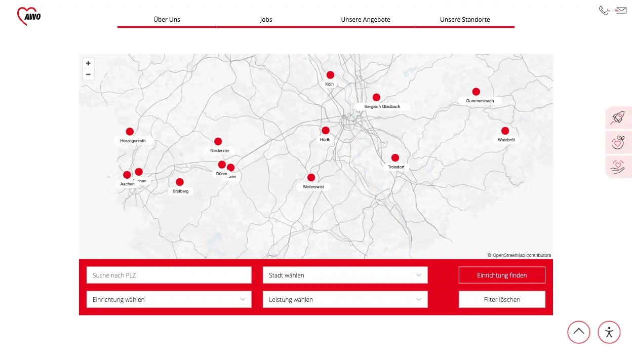 AWO GESA Webplattform: interaktive Standortkarte mit OpenStreetMap-Integration. Rote Pins markieren 16 Pflegeeinrichtungen im Bezirk Mittelrhein. Filterfunktionen für PLZ, Stadt, Einrichtung und Leistung.