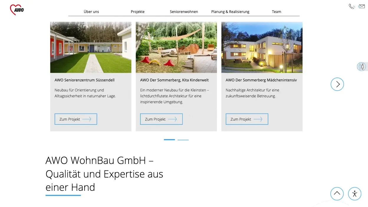 AWO WohnBau Corporate Website System – Projektübersicht mit drei Kacheln: AWO Seniorenzentrum Süssendell, AWO Der Sommerberg Kita Kinderwelt und AWO Der Sommerberg Mädchenintensiv. Darunter Headline „AWO WohnBau GmbH – Qualität und Expertise aus einer Hand."