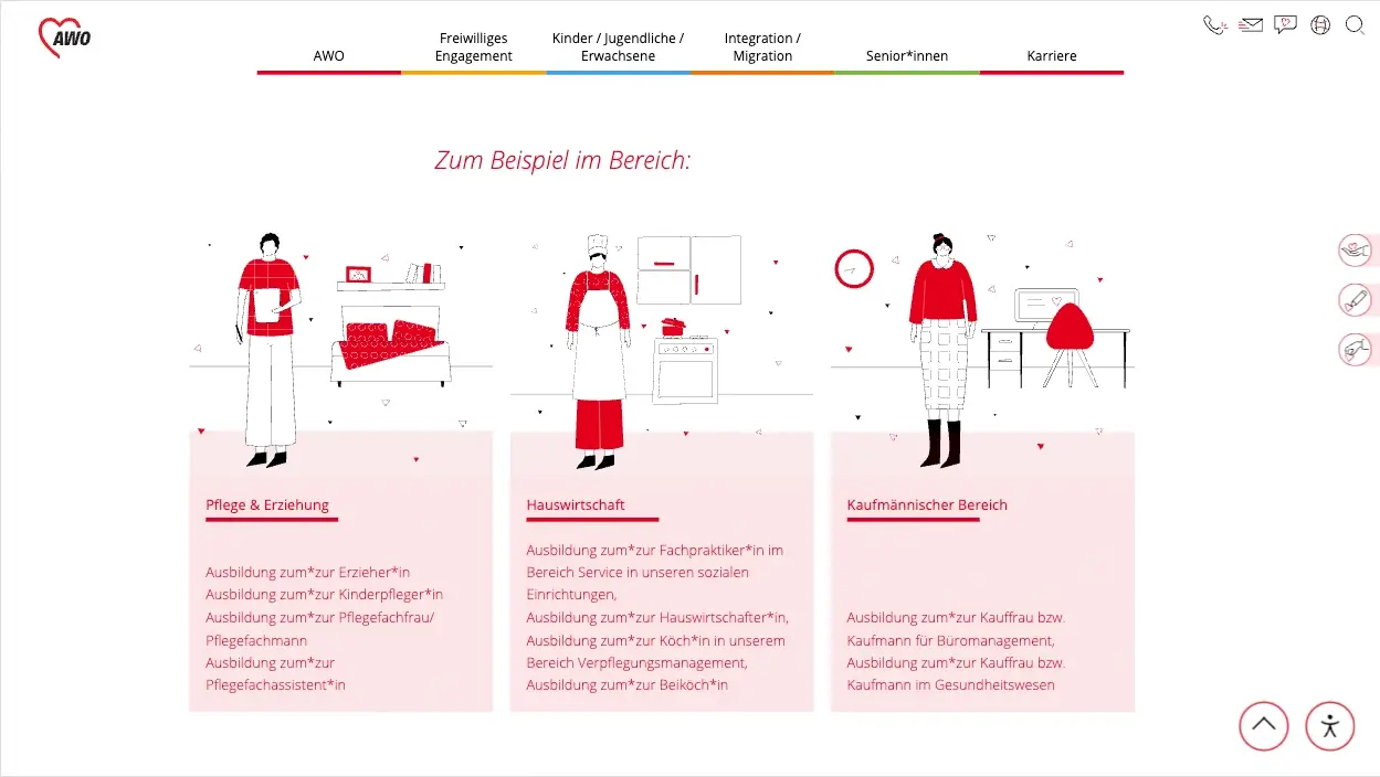 AWO Mittelrhein Webplattform – Ausbildungsseite mit drei Illustrationen und Ausbildungsberufen in den Bereichen Pflege & Erziehung, Hauswirtschaft und Kaufmännischer Bereich. Illustrationsstil in Rot-Schwarz mit geometrischen Hintergrundelementen.