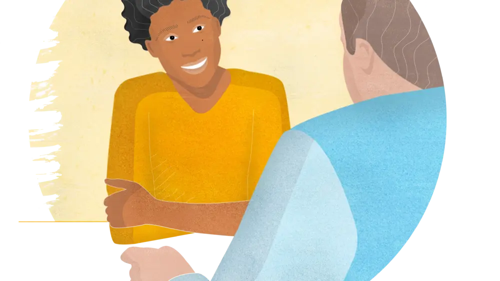 Mehrsprachige Website – Illustration aus der eigens entwickelten Illustrationssprache: eine Person im Beratungsgespräch, freundlich und zugewandt. Warme Gelb- und Blautöne mit leichtem Korn – zugänglicher Illustrationsstil, der die Beratungssituation des Migrationsfachdienstes authentisch vermittelt.
