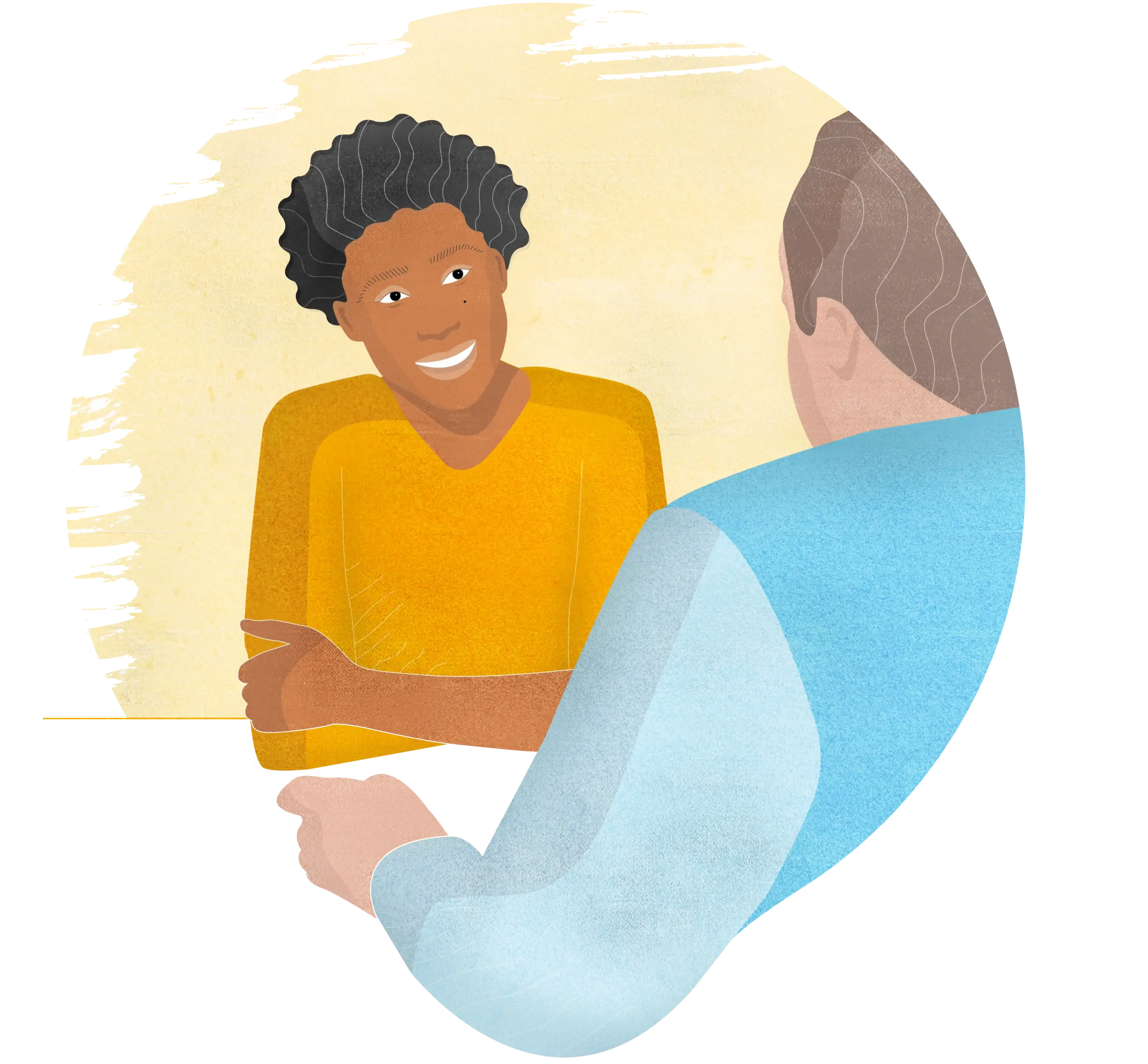 Mehrsprachige Website – Illustration aus der eigens entwickelten Illustrationssprache: eine Person im Beratungsgespräch, freundlich und zugewandt. Warme Gelb- und Blautöne mit leichtem Korn – zugänglicher Illustrationsstil, der die Beratungssituation des Migrationsfachdienstes authentisch vermittelt.