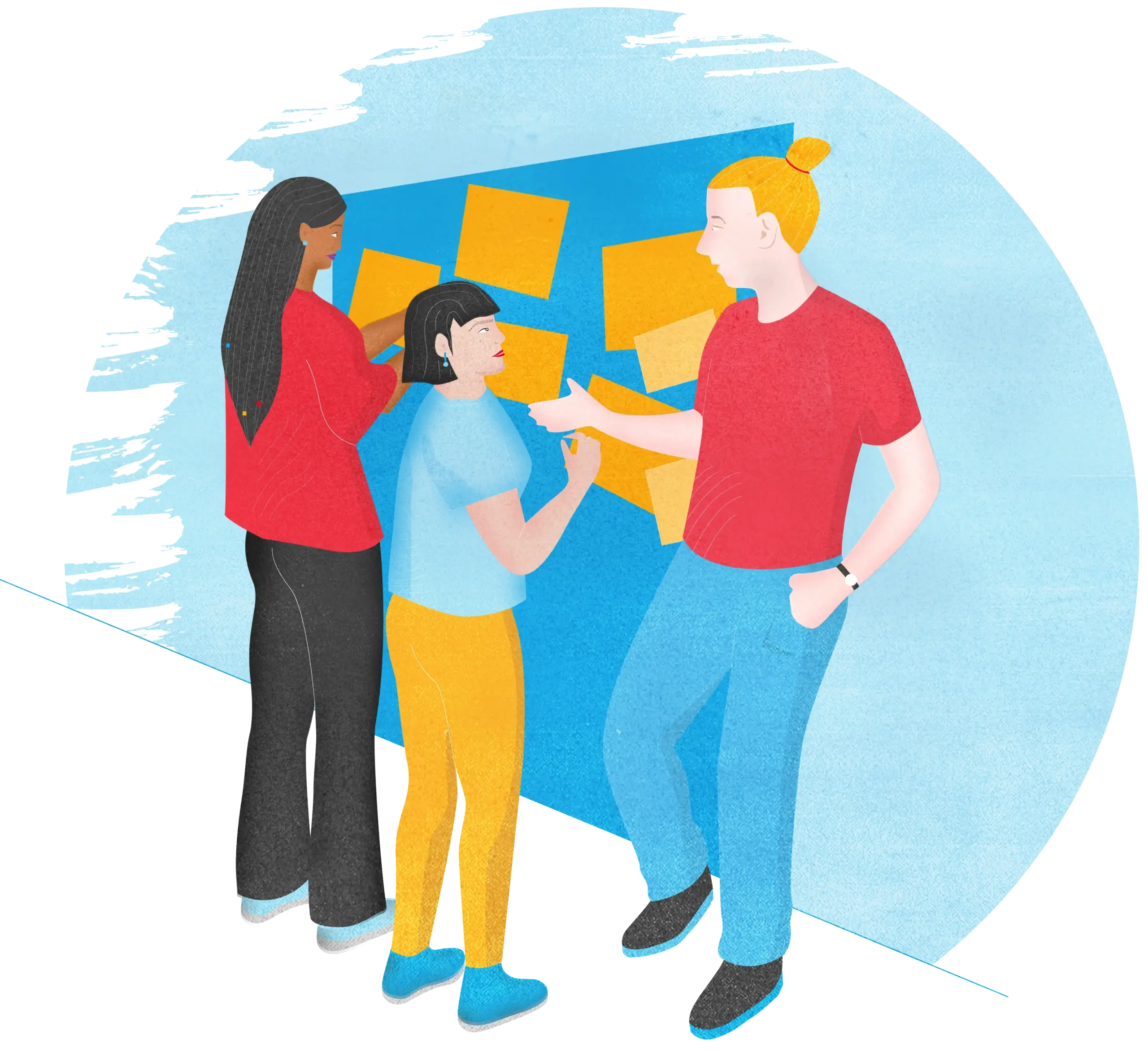 AWO Migrationsfachdienst – Illustration aus der eigens entwickelten Illustrationssprache: drei Personen unterschiedlicher Herkunft arbeiten gemeinsam an einer blauen Pinnwand mit orangefarbenen Notizzetteln. Bunter Illustrationsstil mit leichtem Korn, der die Vielfalt und das gemeinschaftliche Engagement des Migrationsfachdienstes widerspiegelt.