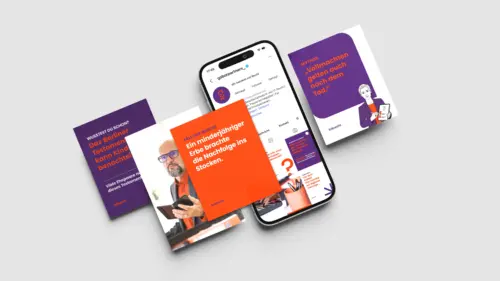 Social-Media-Beiträge von gabor partners in den Farben des Corporate Designs, dazu das Instagram-Profil auf einem Smartphone