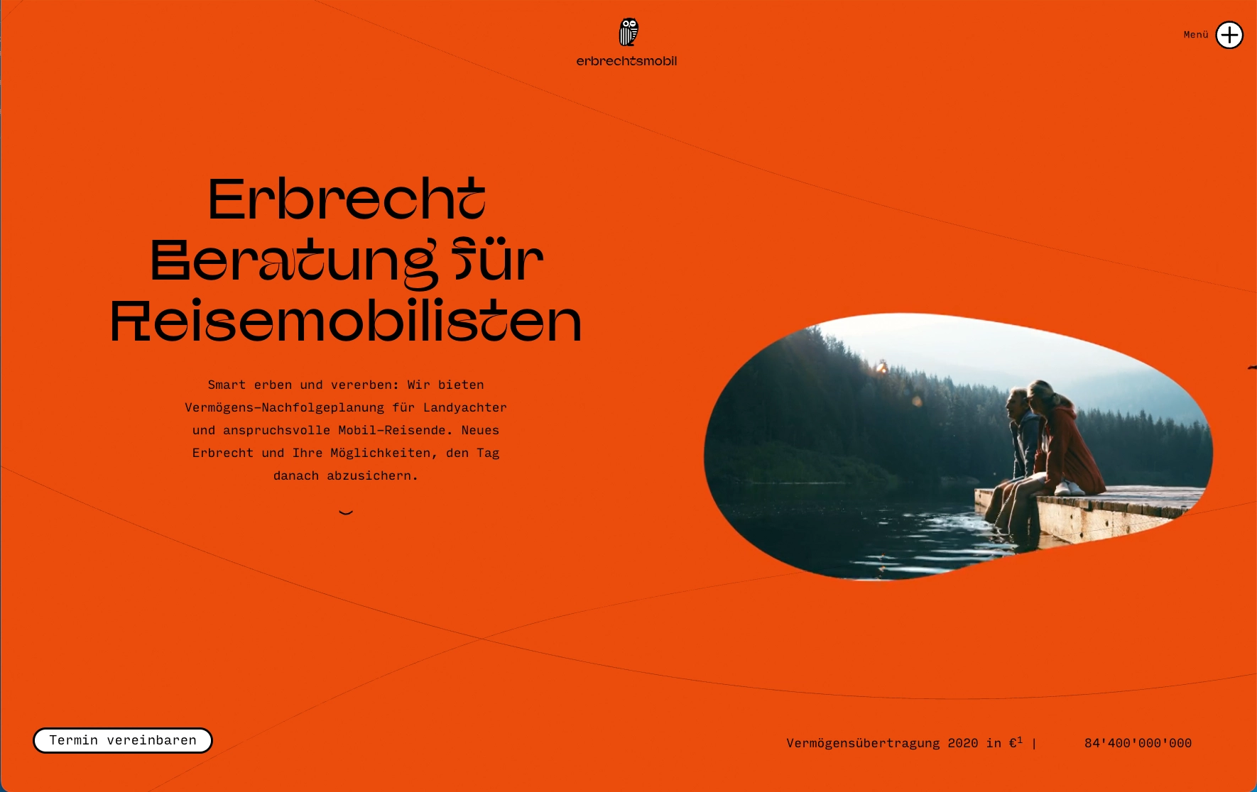 Startseite von erbrechtsmobil mit der Headline „Erbrecht Beratung für Reisemobilisten" auf orangem Grund